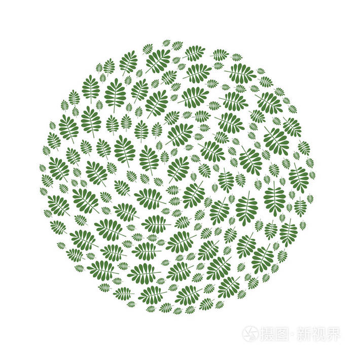 绿树的叶子排列成圆的形状.设计元素, 矢量插图, 在白色上隔离