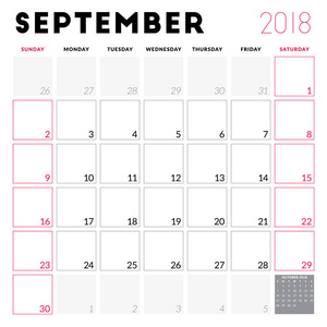 2018年9月日历规划师。星期从星期日开始。可打印矢量设计模板。文具设计