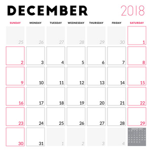 2018年12月日历规划师。星期从星期日开始。可打印矢量设计模板。文具设计