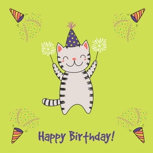 手绘生日快乐贺卡与可爱有趣卡通猫手持火花矢量插图