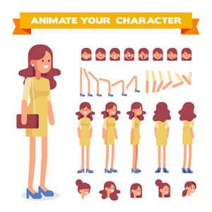 正面背面34视图动画人物。 年轻的女士性格构造器具有不同的观点，发型面对情绪姿势。 卡通风格平面矢量插图。