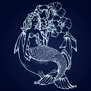 美人鱼鱼鳞波日本豪华无缝图案. 水彩手绘深紫蓝色背景与金线.