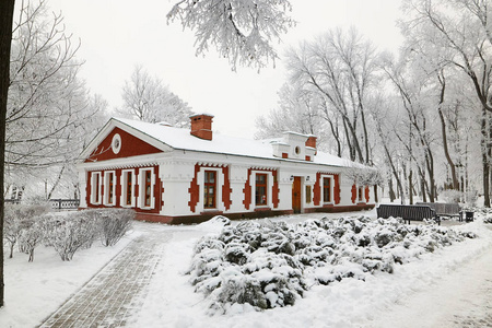 戈梅利, 白俄罗斯2018年1月23日 建筑民俗艺术博物馆在城市公园在冰冷的霜冻