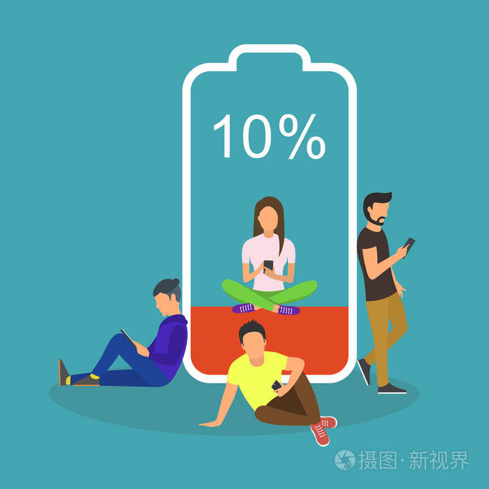 电池电量不足的年轻人使用智能手机和平板电脑的低概念向量图