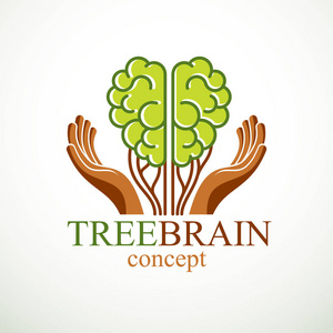 树脑概念自然智慧进化。 人类解剖大脑以绿色树的形状携带手。 用饮食产品喂脑。 矢量标志或图标设计。