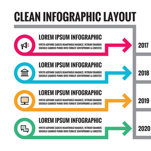 信息商业概念矢量插图，用于演示小册子网站和其他设计项目。用图标箭头和时间线抽象信息横幅布局。