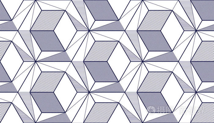 几何立方体抽象无缝图案三维矢量背景工艺风格工程线条绘制无尽插画