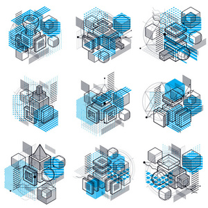 等距抽象背景带线条等不同元素，矢量抽象模板..立方体六边形正方形矩形和不同抽象元素的组成。矢量集。