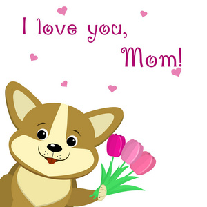 可爱的犬小狗抱在他的爪子三粉红色的郁金香, 祝贺他的母亲一天, 在风格的卡通