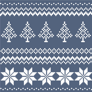 寒假贺卡用羊毛编织设计。 编织圣诞树雪花挪威丹麦毛衣风格。 蓝色和白色的巫术。 新年矢量插图邀请打印。