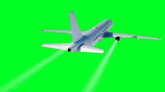 乘客飞行飞机。隔离绿色屏幕。.飞机的凝结痕迹3d 渲染