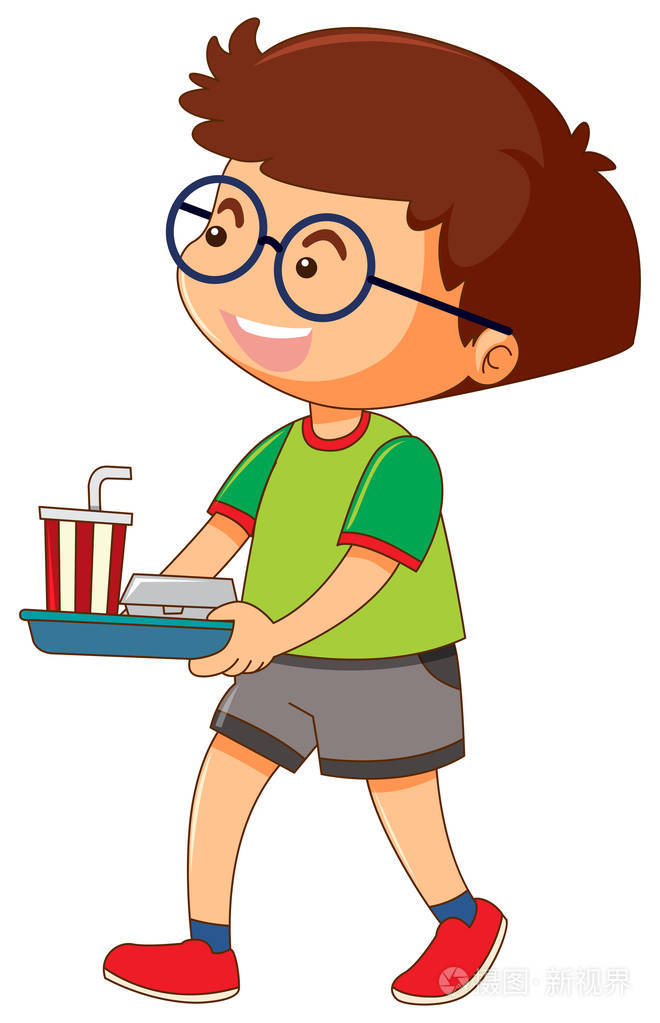 一个男孩拿着盘子的食物和饮料