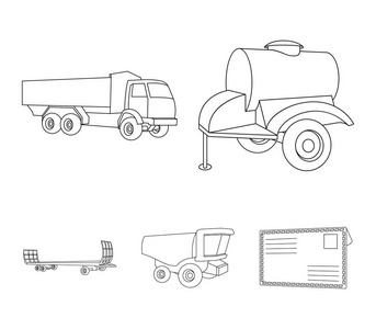 拖车与一桶, 卡车和其他农业设备。农业机械集合图标的轮廓风格矢量符号股票插图网站