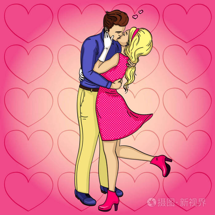 爱的感觉那个女孩热情地吻了一下流行art的向量漫画风格