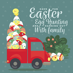 复活节车与卡车充满装饰的鸡蛋, 快乐的节日矢量贺卡, 可爱的小春天鸡猎人孤立的插图