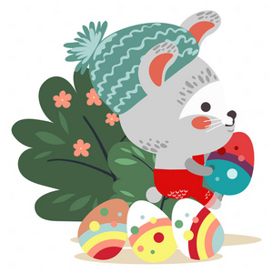 复活节小兔子在工作服拿着大装饰的蛋, 被隔绝的物品兔子与耳朵狩猎蛋坐在绿色灌木媒介例证卡片之下