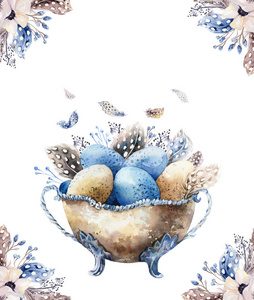 水彩快乐复活节设置花，羽毛和鸡蛋隔离在白色背景。