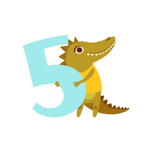 逗人喜爱的鳄鱼动物和数字五, 生日周年纪念, 学会计数概念卡通矢量