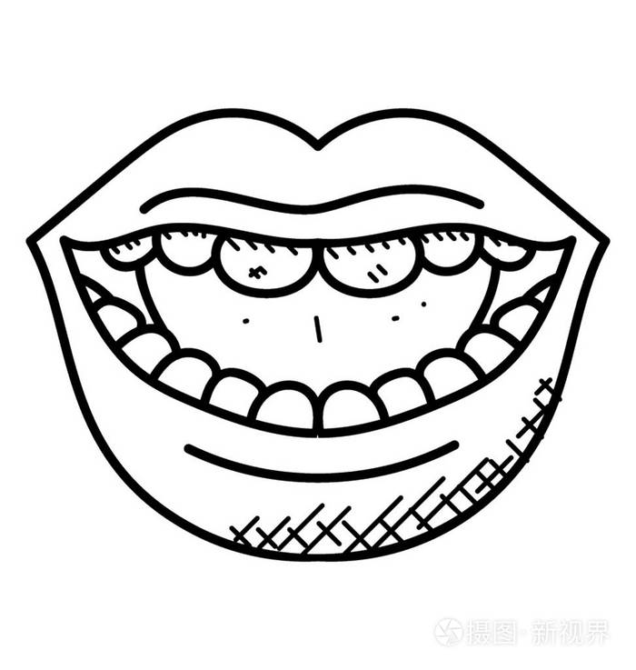 张开的嘴带着饱满的微笑,露出牙齿和舌头涂鸦矢量插画-正版商用图片
