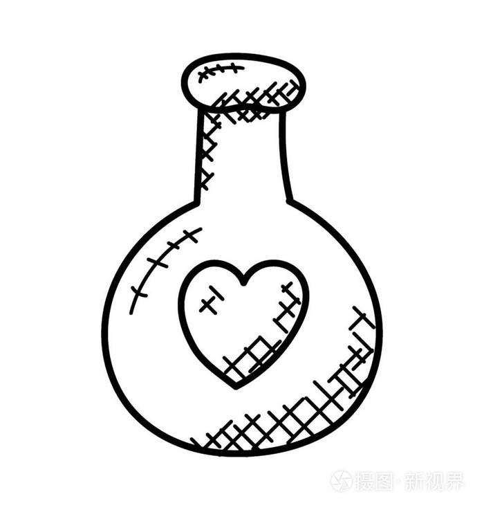一瓶带有软木塞的饮料和前面涂鸦矢量的心脏图标插画-正版商用图片118