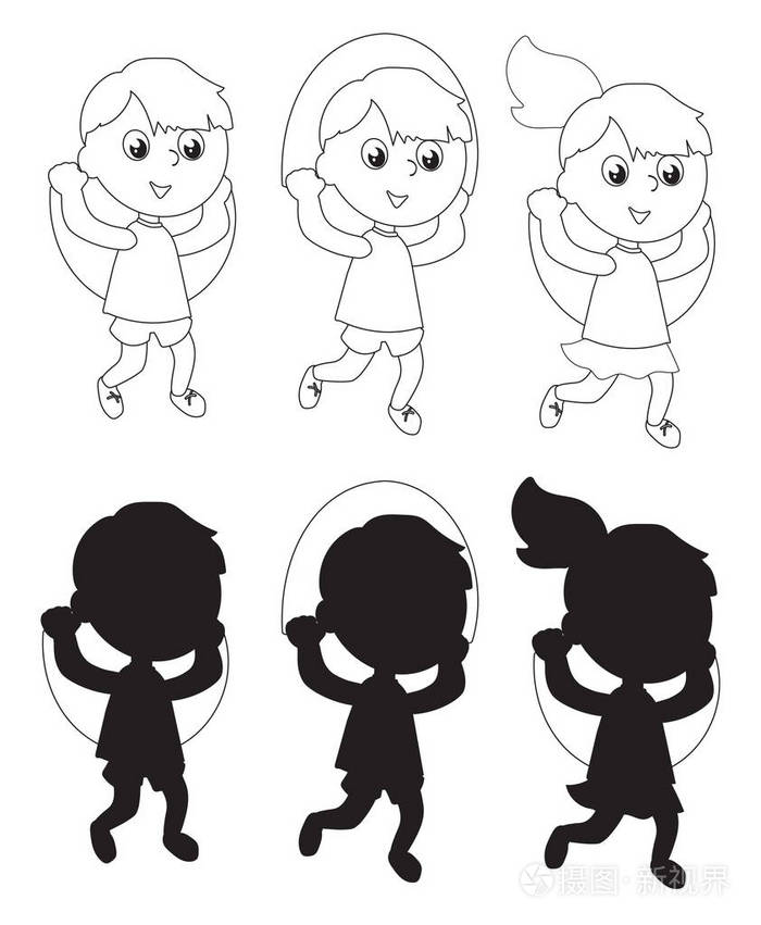 儿童跳绳着色矢量剪影