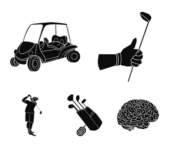 戴着手套的手用一根棍子，高尔夫球车，拉杆包，用小木棍在一个袋子里，用棍子敲打着的男人。高尔夫俱乐部中的黑色风格矢量符号股票图 w
