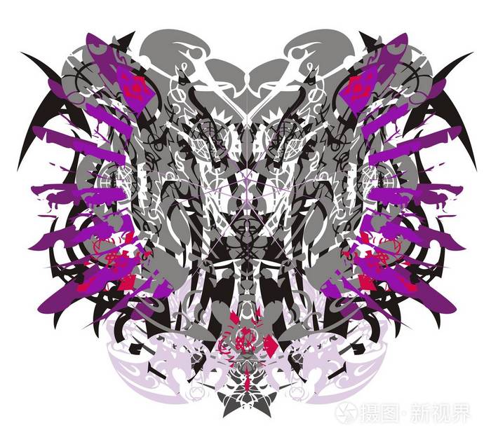 具有鹰元素的抽象民族蝴蝶。 神秘神奇的蝴蝶与线性鹰元素在灰紫暗色调