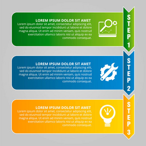 现代矢量插图。带有三元素的信息模板, 矩形的箭头和百分比。逐步。专为商务演示网页设计图3步骤设计