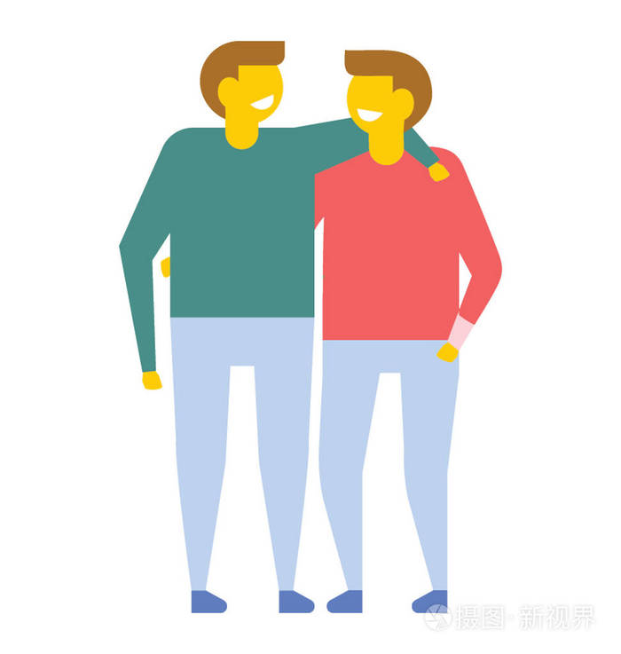 两个快乐的朋友或兄弟搂着对方走在外面,平面矢量图标
