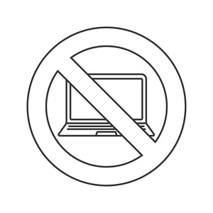 禁止标志与笔记本电脑线性图标。禁止使用电脑。停止轮廓符号。细线插图。矢量孤立轮廓图