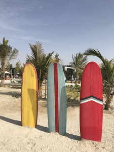 五颜六色的冲浪站在沙滩上图片