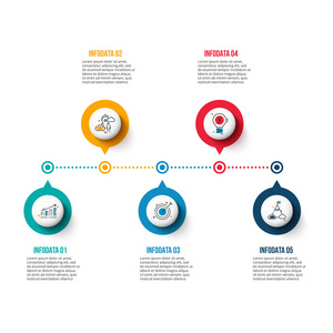 用于时间轴信息的向量圆元素。图图表示和图表的模板。具有5选项部件步骤或流程的业务概念