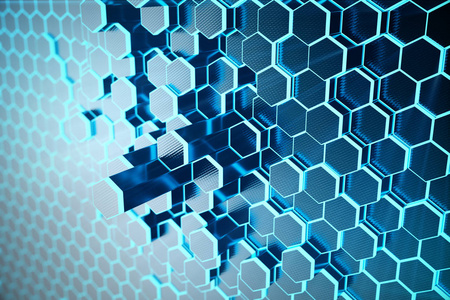 三维科技光线三维插图抽象蓝色的未来表面六边形图案与光线.