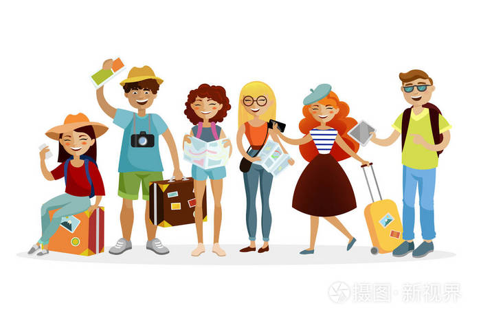 一群游客卡通人物的矢量平面图。年轻有趣的人与手提箱一起旅行插画-正版商用图片1191b0-摄图新视界