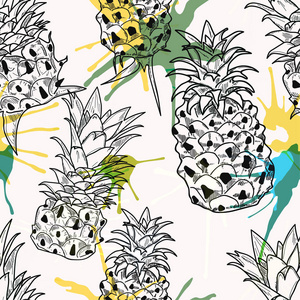 黑色素描菠萝手绘白色背景与彩色水彩飞溅无缝图案