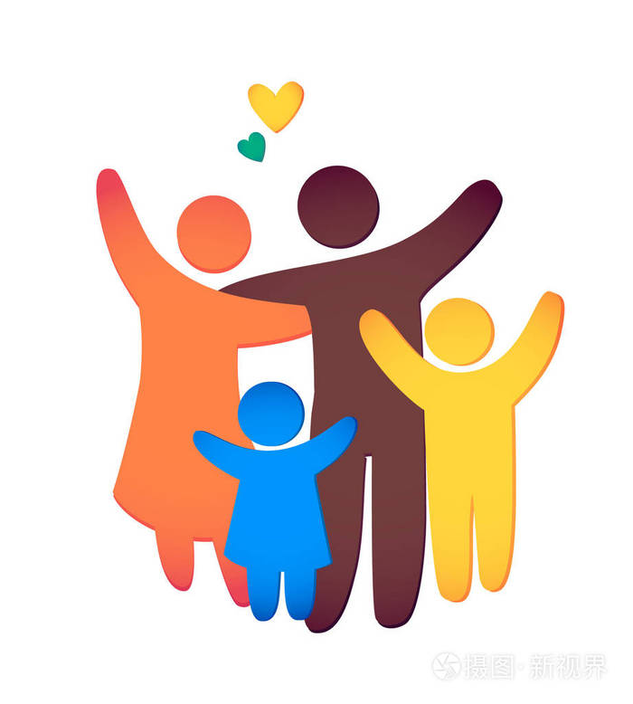 两个孩子, 爸爸和妈妈站在一起.矢量可用作标识