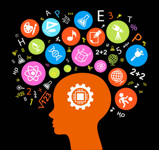 儿童头部教育,儿童学会思考. 儿童头部轮廓与教育图标.