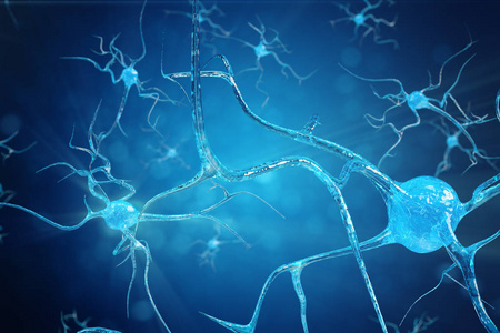 具有发光链接结的神经元细胞的概念说明。 突触和神经元细胞发送电气化学信号。 具有电脉冲的相互连接神经元的神经元三维图示