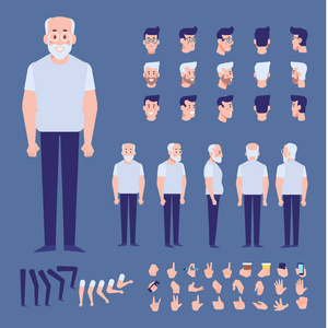 老年人角色创作设置与各种观点，发型，姿势和手势。 正面背面观看动画角色。 卡通风格平面矢量插图。