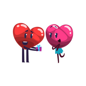红心赠送礼盒给粉红色的心, 滑稽情侣在恋爱中的角色。快乐情人节概念卡通矢量插画