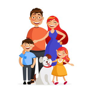 幸福的家庭正站在一起拥抱。父亲, 母亲, 儿子, 女儿和狗。白色背景上孤立的家庭平面矢量图