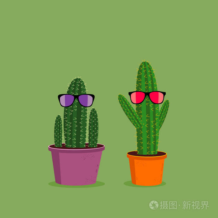 两个有趣的卡通仙人掌戴着绿色背景的太阳镜. 可爱的角色插图