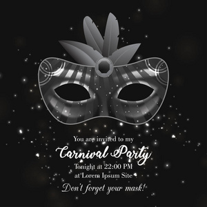 黑色和灰色狂欢节面具，白色狂欢节打字和派对邀请文本在黑色闪亮的背景上