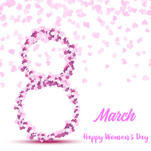 3月8日。喜庆的妇女节贺卡, 上面有手写的粉红色文字和鲜花。矢量
