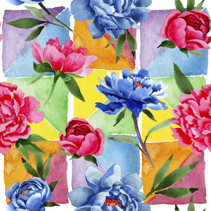 红与蓝牡丹花图案的水彩风格