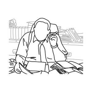 网络胖丑女胖商人与雪茄在他的办公桌矢量插图涂鸦素描手绘制与黑色线