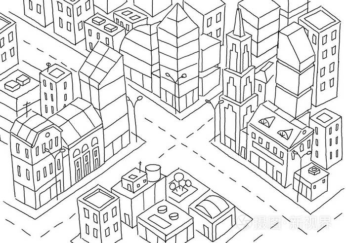 大城市剪影的交集摩天大楼和高层建筑家庭建筑城市中心手绘黑线线