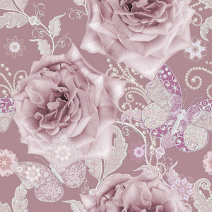 无缝模式。装饰装饰, 佩斯利元素, 精致的质感银叶制成的薄花边和珍珠, 螺纹的珠子, 芽粉彩粉红色的玫瑰, 蝴蝶。镂空织造精致