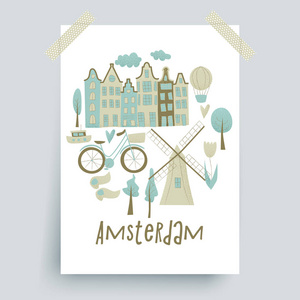 明信片与阿姆斯特丹与设计与房屋，风车郁金香，热气球白色背景矢量插图。