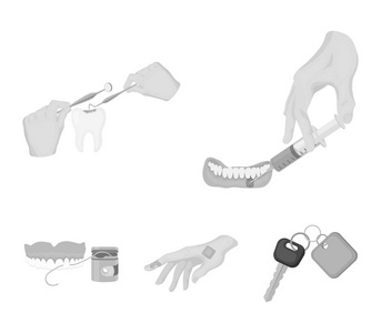 麻醉注射, 牙科器械, 手操作, 牙齿清洗和其他网页图标的单色风格. 菌石膏, 医药图标集收藏